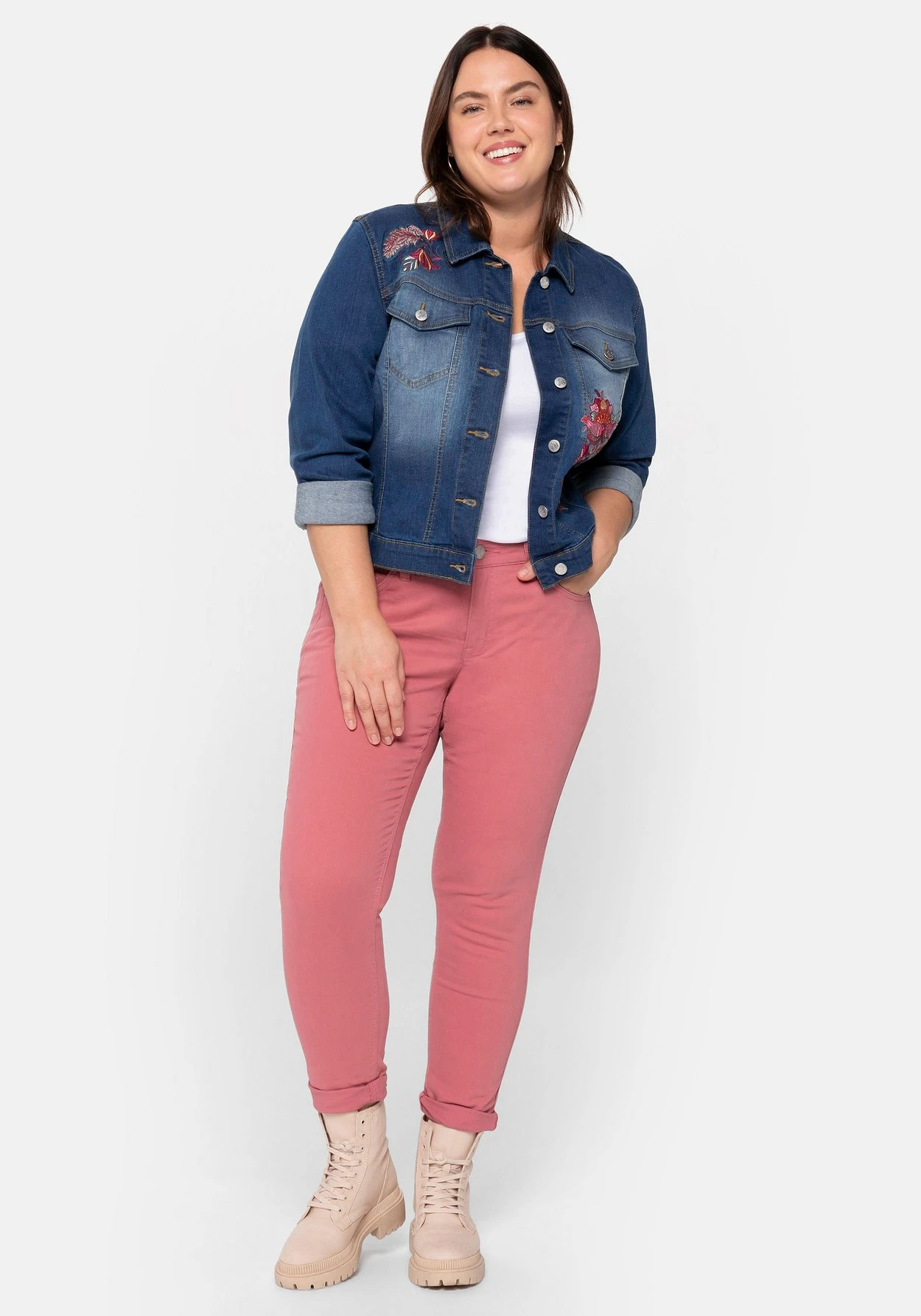 Jeansjacke Mit Blumenstickerei, Taillierte Form – Bild 4