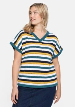 Sheego Kurzarmpullover Mit Ringeln Im Ajourstrickmuster