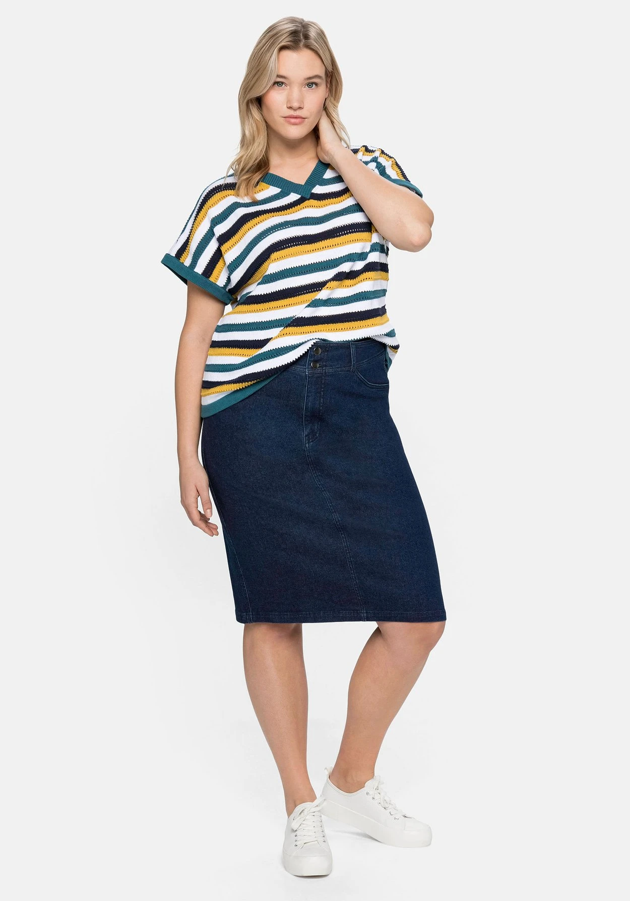 Sheego Kurzarmpullover Mit Ringeln Im Ajourstrickmuster – Bild 4