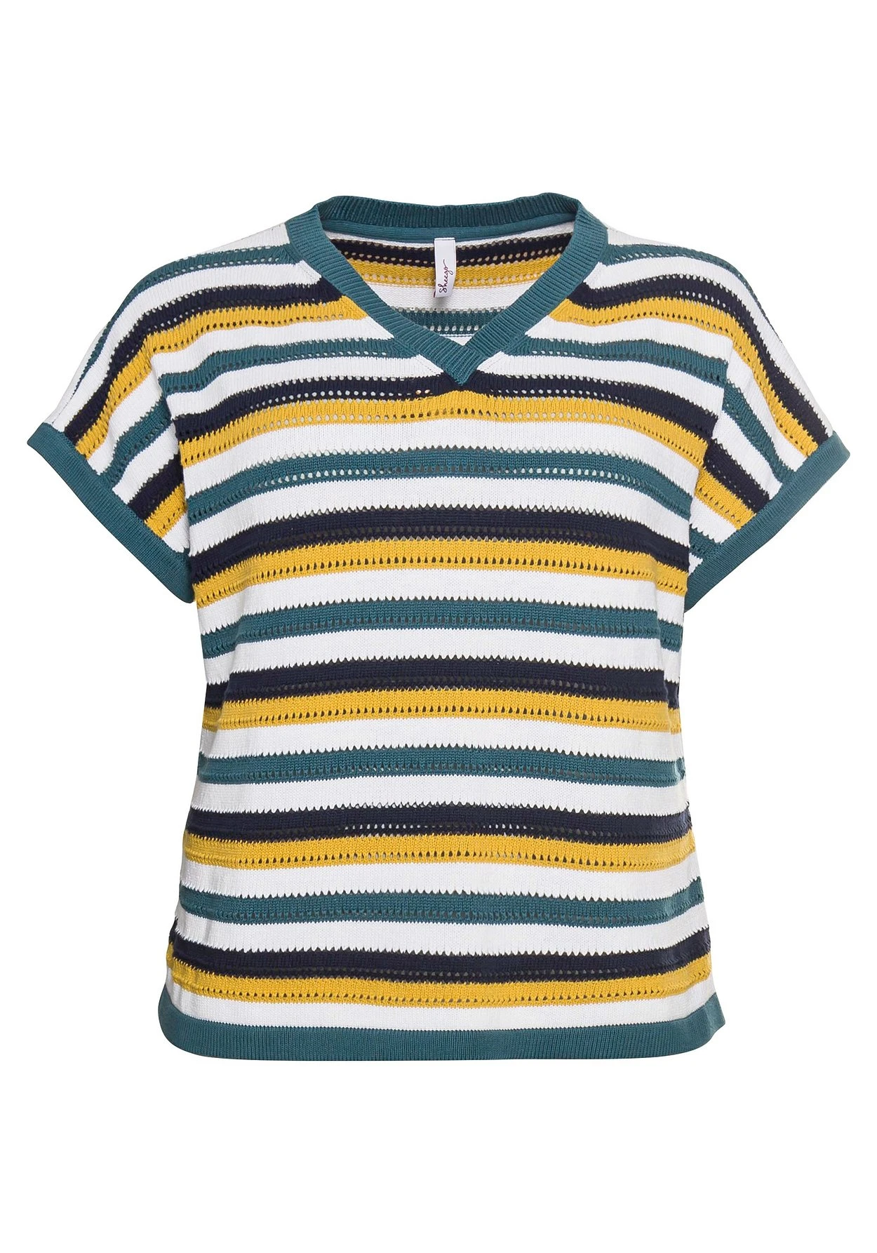 Sheego Kurzarmpullover Mit Ringeln Im Ajourstrickmuster – Bild 3