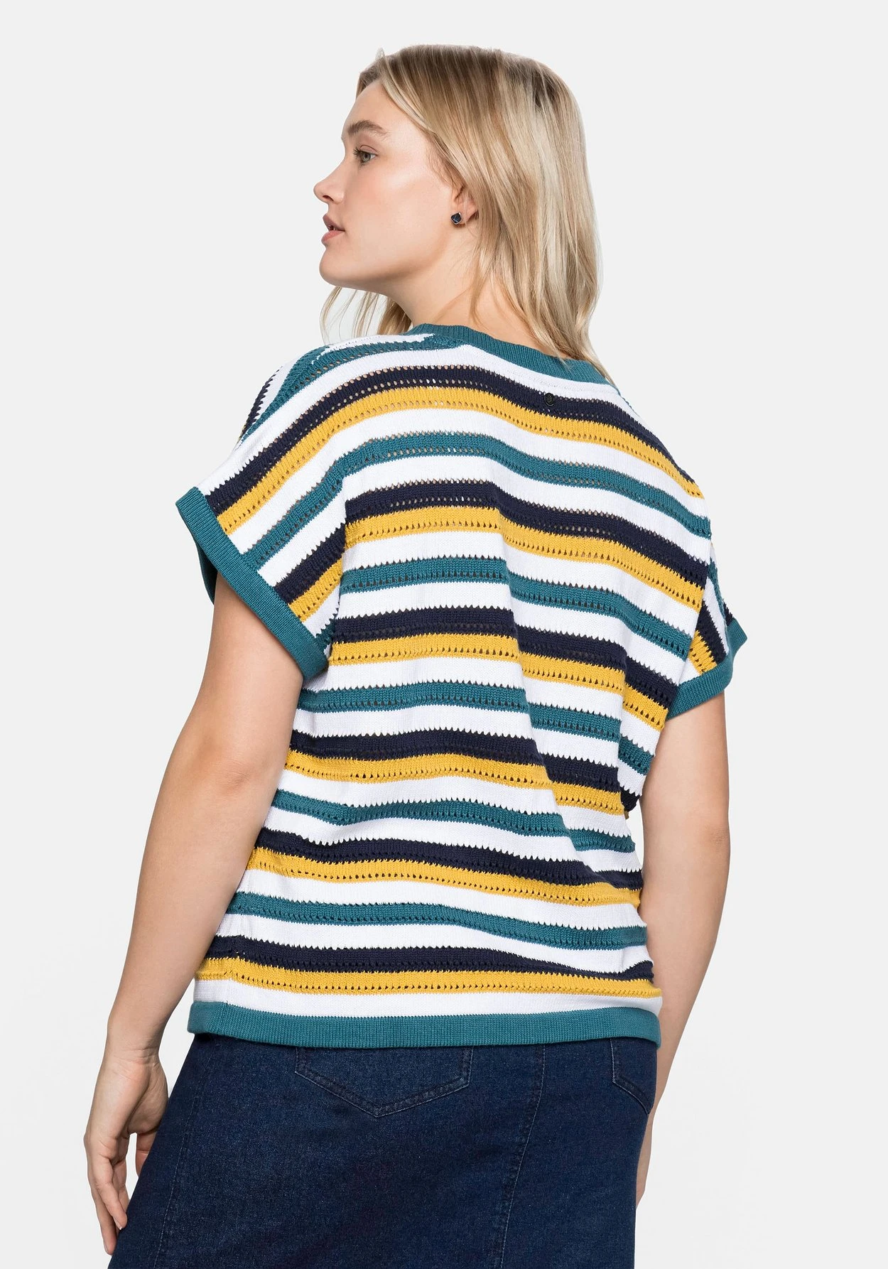 Sheego Kurzarmpullover Mit Ringeln Im Ajourstrickmuster – Bild 2