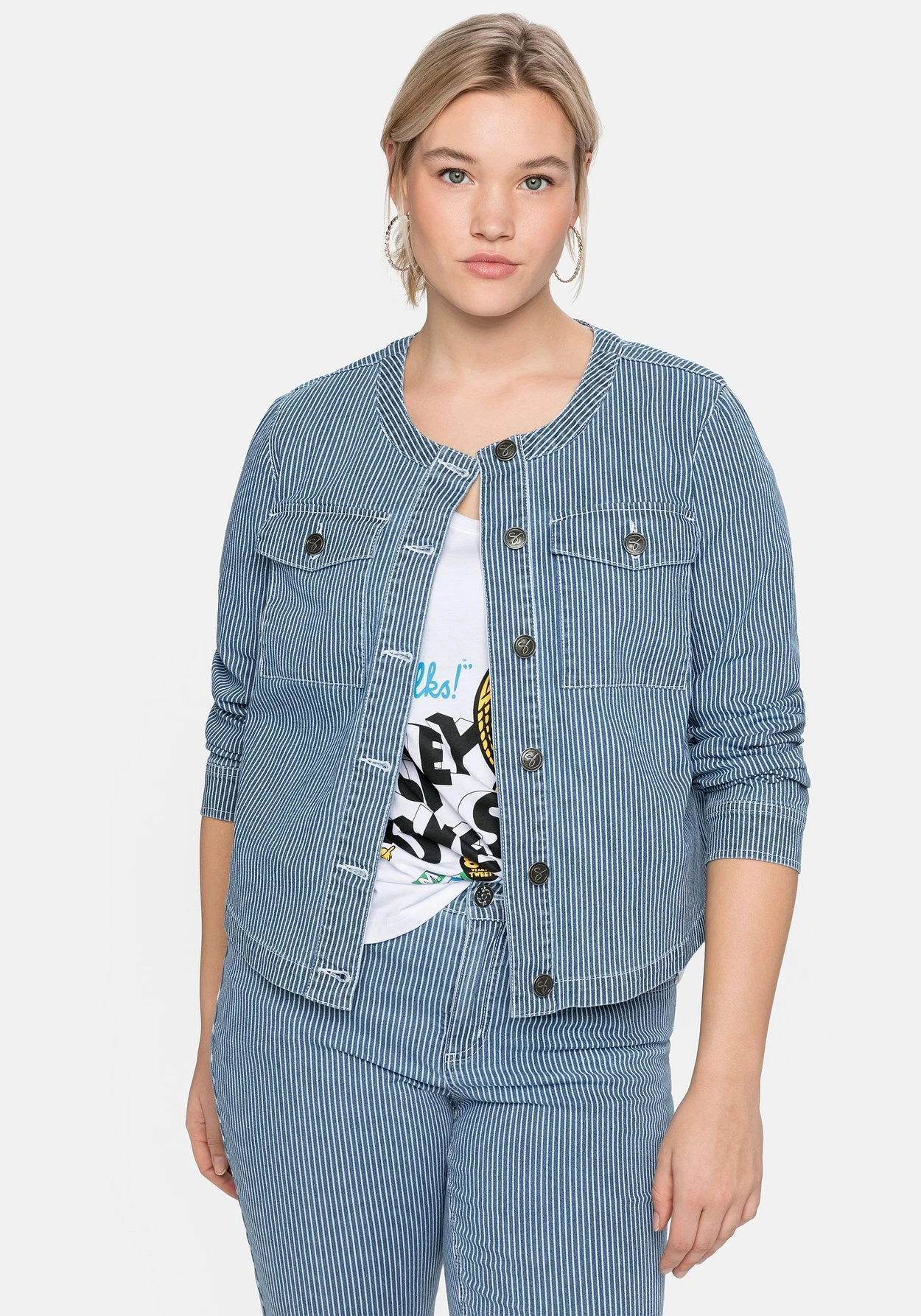 Sheego Jeansjacke Mit Streifen,in Kragenloser Form