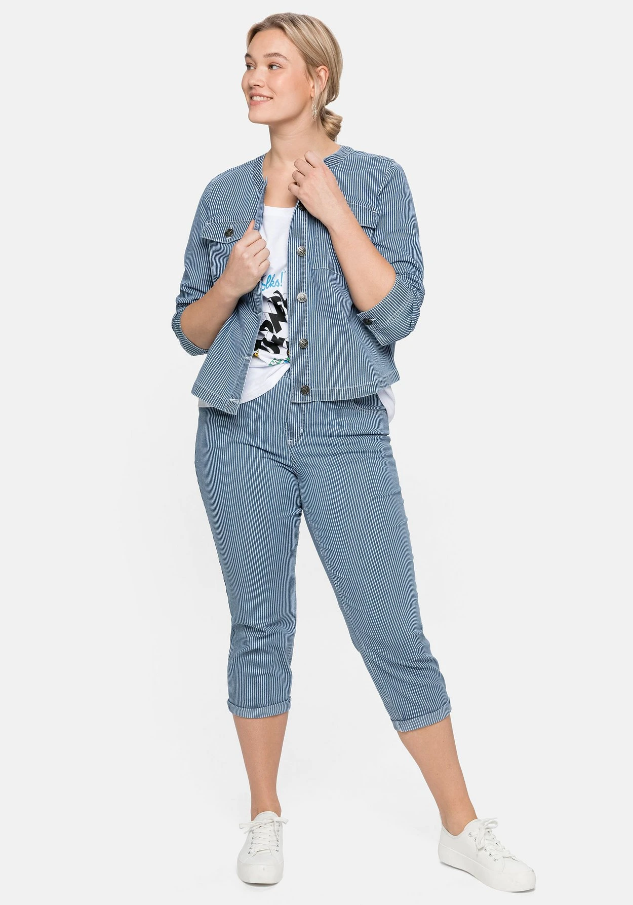 Sheego Jeansjacke Mit Streifen,in Kragenloser Form – Bild 4