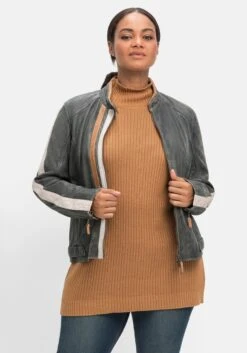 Sheego Lederjacke Im Biker-Stil, Mit Kontraststreifen