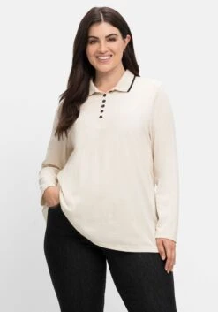 Sheego Langarm-Poloshirt Mit Kontrastkante Am Kragen