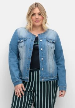 Sheego Jeansjacke In Kragenloser Form, Mit Waschung